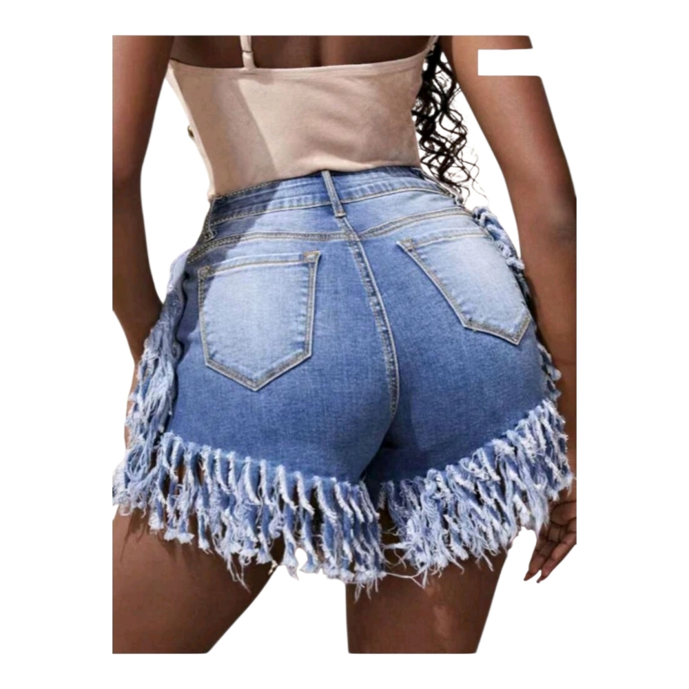 Fashion Nova Blue Fringed Jean Shorts - Picture 3 of 7